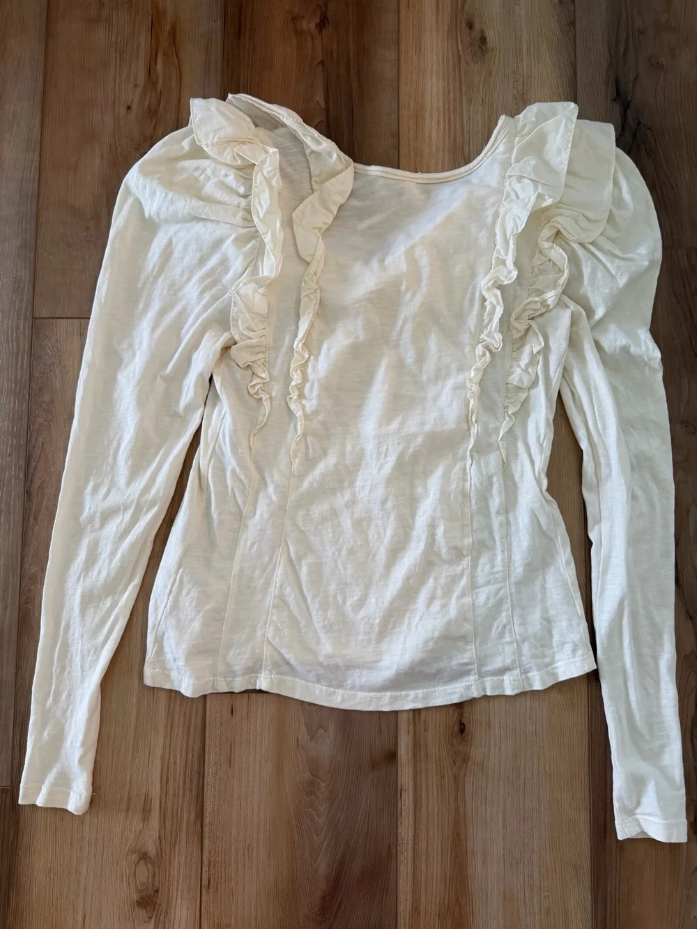 Anthropologie Women’s Ruffle V-Neck Long Sleeve Knit Top Size XXS Cream Cotton